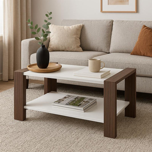 Nityam center table with storage, white and brown engineered wood