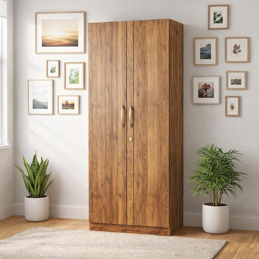 Nityam Wooden Wardrobe With 2 Doors - teak finish engineered wood almirah
