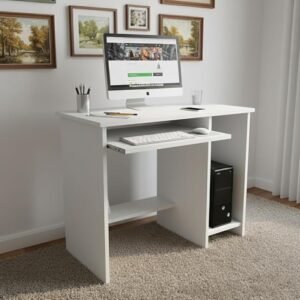 Nityam Wooden Computer Table with Keyboard Tray Drawer and Storage Shelf for Home PC, Office Work, Multipurpose Use Study Table, Office Table, Writing Table, Reading Table, (Color-White)
