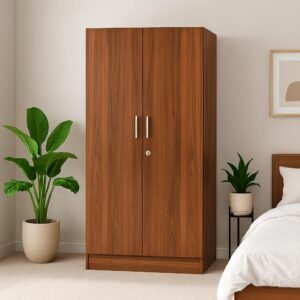 NITYAM Wooden Furniture Wardrobe Almari 2-Door with Hanging Rod, 2 Shelf for Bedroo, Storage Clothes (Color- Columbian Walnut)