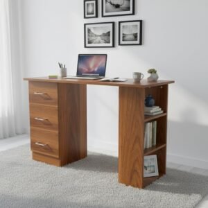 Nityam Wooden Computer Desk with Storage Drawers, Study Table, Home Office Workstation, Multi-Purpose Writing Desk (Color-Walnut Brown)