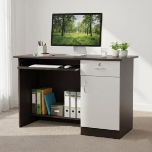 Nityam Wooden Computer Table with Keyboard Tray Drawer Home PC Storage Cabinet for Multipurpose Office Table, Study Table, Gaming Table for Home Office (Color-White & Brown)