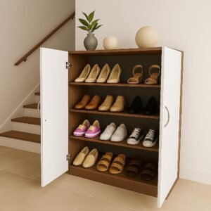 NITYAM Wooden Shoe Rack with Floor Mount 2 Door 3 Shelf | Shoe Rack Cabinet for Slipper Footwear Standing Shelf | for Living Room Home & Office | Shoe Storage with Doors (Color : Walnut & White)