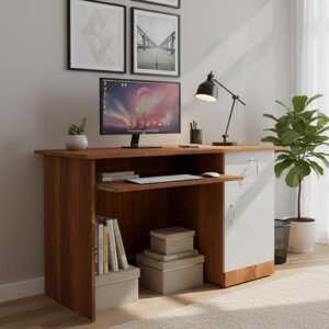 NITYAM Wooden Computer Table with Keyboard Tray, Storage Drawer, CPU Printer Space, for Home Office, Adults, Students (Warranty: 1 Year, Color-Walnut & White)