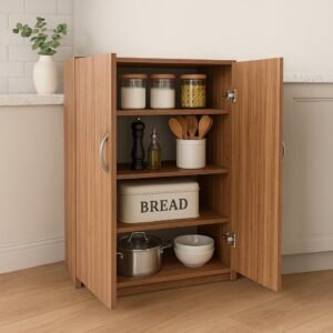 Nityam Wooden Kitchen Cabinet Storage Rack with Door, 3 Shelf for Kitchen Storage Accessories, Crockery Cabinet Unit Almari (Color_Cherry Pine & White)