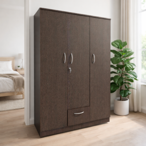 Nityam Wooden Modern 3-Door Wardrobe with Drawer, Clothes Hanger Rod for Storage | (Warranty:-1 Year, Color- Brown)