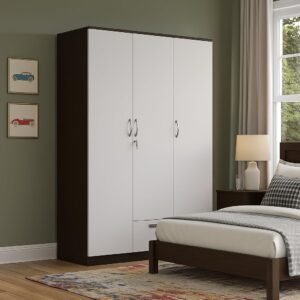 Nityam Wooden Modern 3-Door Wardrobe with Drawer, Clothes Hanger Rod for Storage | (Warranty:-1 Year, Color- Brown & White)