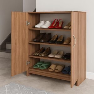 NITYAM Wooden Shoe Rack with Floor Mount 2 Door 3 Shelf | Shoe Rack Cabinet for Slipper Footwear Standing Shelf | for Living Room Home & Office | Shoe Storage with Doors (Color : Cherry Pine)