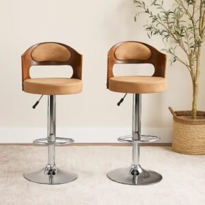 NITYAM Seating Bar Stool Chair for Kitchen| Office| Home| Bar| Restaurant | Shop | Counter, Round Shape Cushion with Backrest, Adjustable Height, 360? Swivel (Color-Beige & Brown, Set of 2)