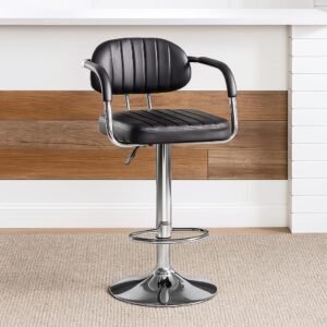 Nityam Height Adjustable Bar Stool Chair with Arms for Home Office Kitchen Counter Shop Bar Restaurant Cafe with Footrest, Black Leather, 360? Swivel, Chrome Base, Soft Padded Seat, (Color-Black)