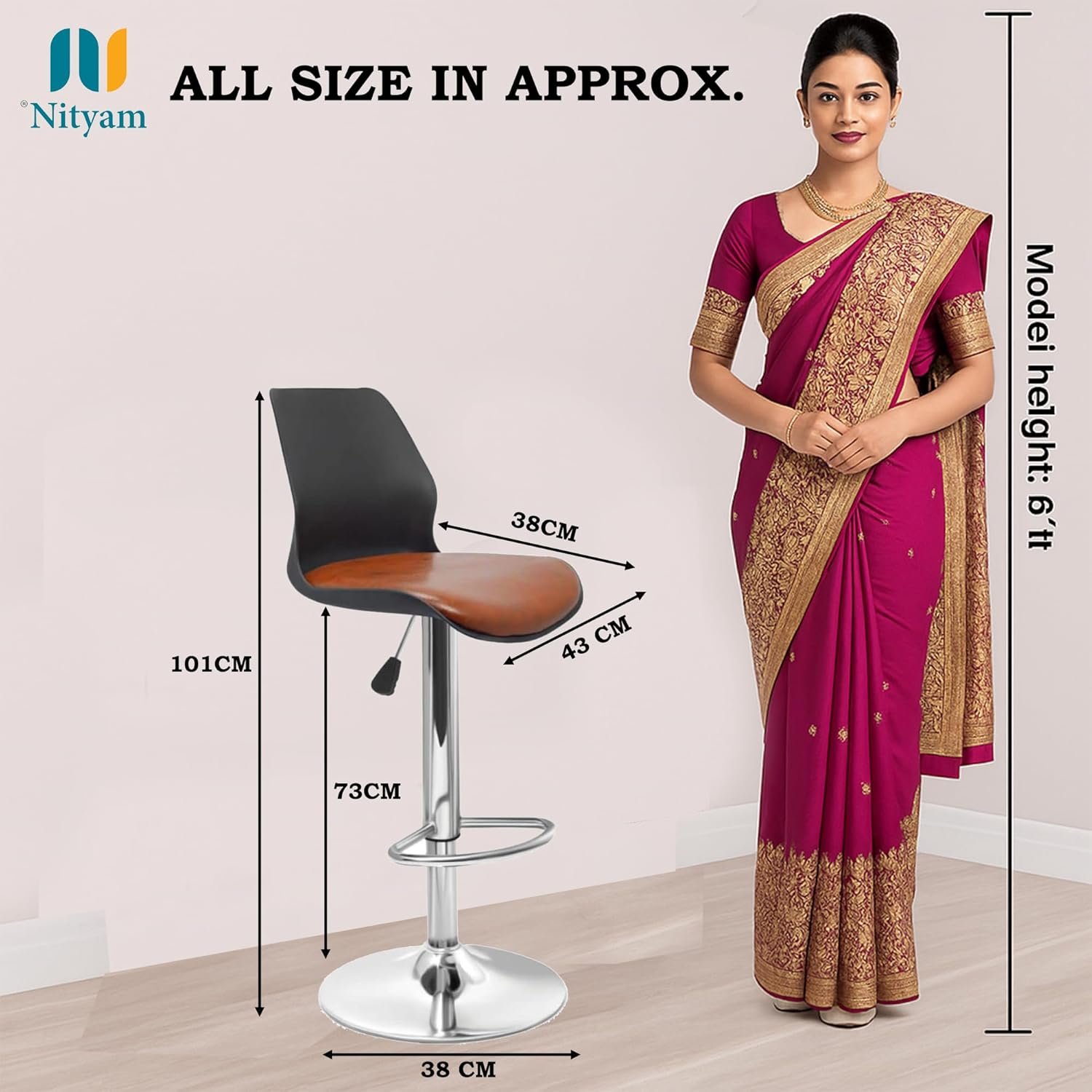 NITYAM Seating Bar Stool Chair for Kitchen Office Home Bar Restaurant, Adjustable Height, Color Black and Red, Chrome Base with Footrest (3)