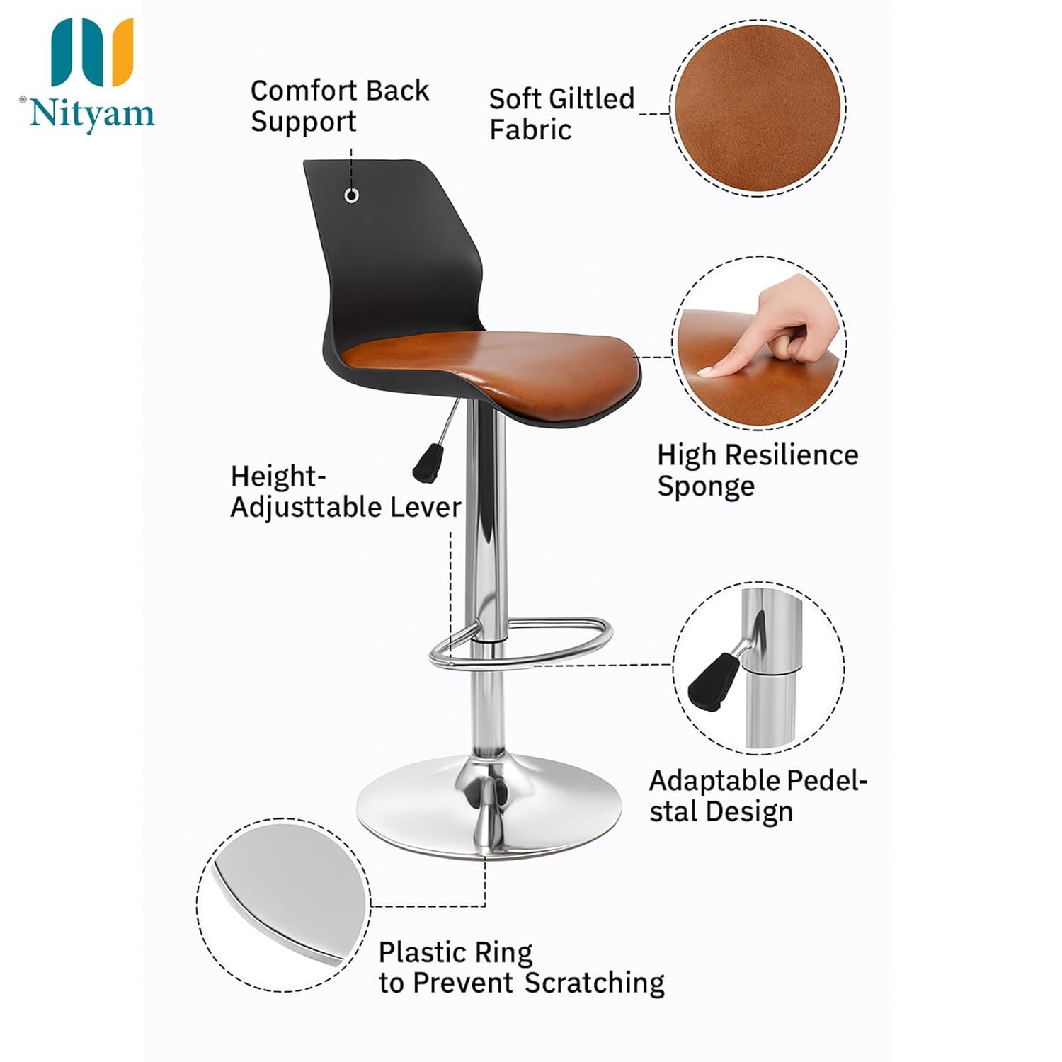 NITYAM Seating Bar Stool Chair for Kitchen Office Home Bar Restaurant, Adjustable Height, Color Black and Red, Chrome Base with Footrest (4)