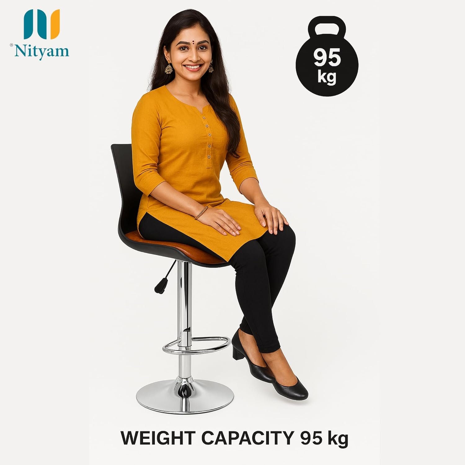 NITYAM Seating Bar Stool Chair for Kitchen Office Home Bar Restaurant, Adjustable Height, Color Black and Red, Chrome Base with Footrest (5)