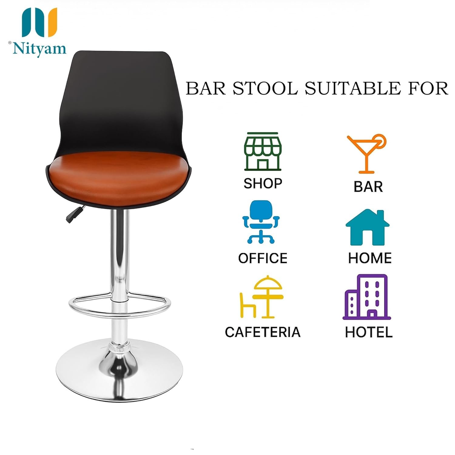 NITYAM Seating Bar Stool Chair for Kitchen Office Home Bar Restaurant, Adjustable Height, Color Black and Red, Chrome Base with Footrest (6)