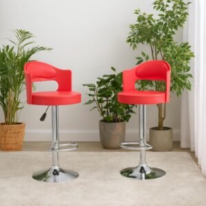 Nityam Bar Stool Chair with Backrest, Red Leatherette, 360° Swivel, Chrome Base, Height Adjustable 21-29 Inches, for Bar, Kitchen, Office, Restaurant, Cafe, Shop, Counter (Color-Red, Set of 2)