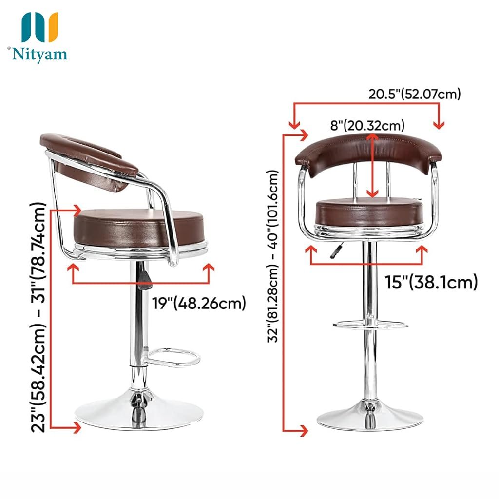 Nityam Height Adjustable Bar Stool Chair for Kitchen, Home, Office, Restaurant, Hote, Brown Faux Leather, Chrome Base, 360° Swivel, (Color-Brown) (1)