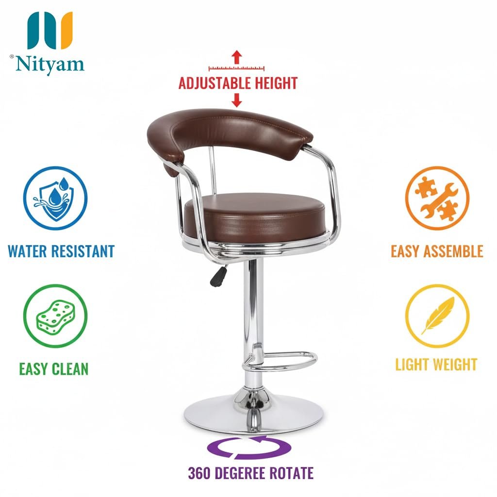 Nityam Height Adjustable Bar Stool Chair for Kitchen, Home, Office, Restaurant, Hote, Brown Faux Leather, Chrome Base, 360° Swivel, (Color-Brown) (2)