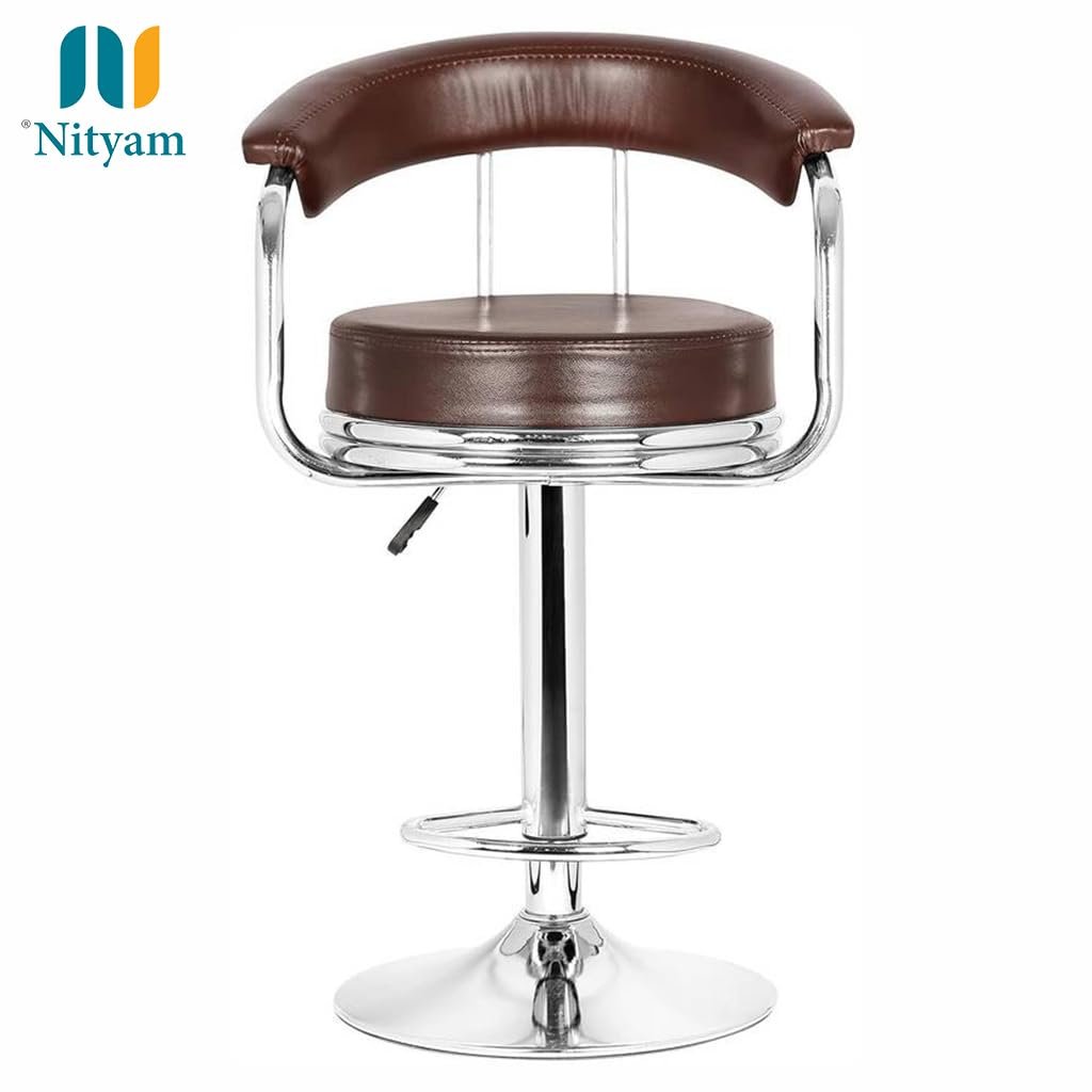 Nityam Height Adjustable Bar Stool Chair for Kitchen, Home, Office, Restaurant, Hote, Brown Faux Leather, Chrome Base, 360° Swivel, (Color-Brown) (3)