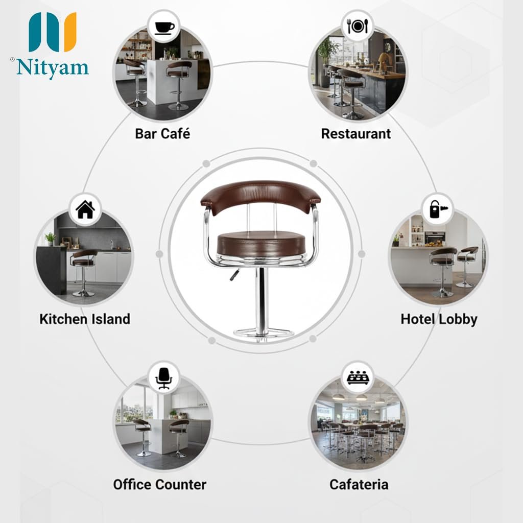 Nityam Height Adjustable Bar Stool Chair for Kitchen, Home, Office, Restaurant, Hote, Brown Faux Leather, Chrome Base, 360° Swivel, (Color-Brown) (5)