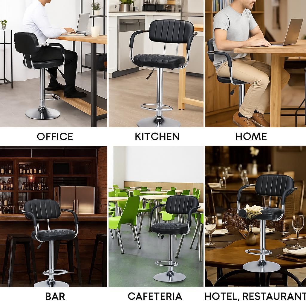Nityam Height Adjustable Bar Stool Chair with Arms for Home Office Kitchen Counter Shop Bar Restaurant Cafe with Footrest, Black Leather, 360° Swivel, Soft & Comfort Seat (1)