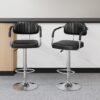 Nityam Height Adjustable Bar Stool Chair with Arms for Home Office Kitchen Counter Shop Bar Restaurant Cafe with Footrest, Black Leather, 360° Swivel, Soft & Comfort Seat (2)