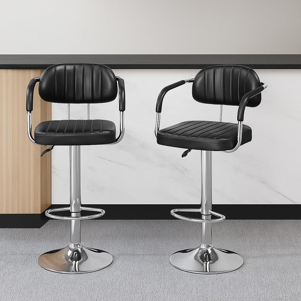 Nityam Height Adjustable Bar Stool Chair with Arms for Home Office Kitchen Counter Shop Bar Restaurant Cafe with Footrest, Black Leather, 360° Swivel, Soft & Comfort Seat (2)