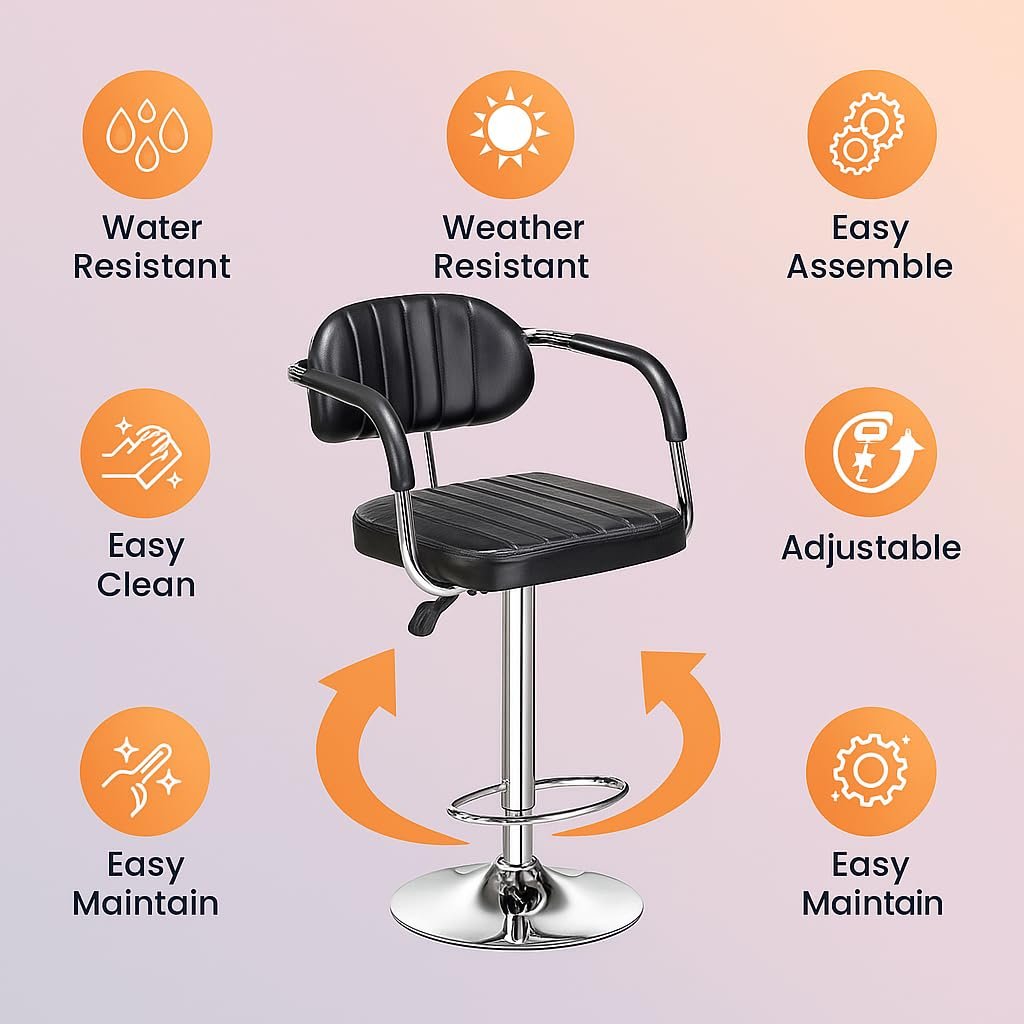 Nityam Height Adjustable Bar Stool Chair with Arms for Home Office Kitchen Counter Shop Bar Restaurant Cafe with Footrest, Black Leather, 360° Swivel, Soft & Comfort Seat (3)