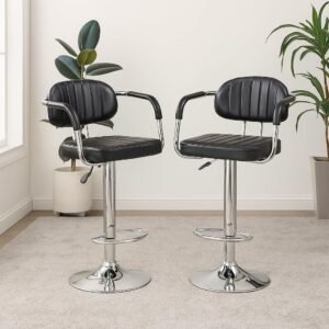 Nityam Height Adjustable Bar Stool Chair with Arms for Home Office Kitchen Counter Shop Bar Restaurant Cafe with Footrest, Black Leather, 360? Swivel, Soft & Comfort Seat, (Color-Black, Set of 2)