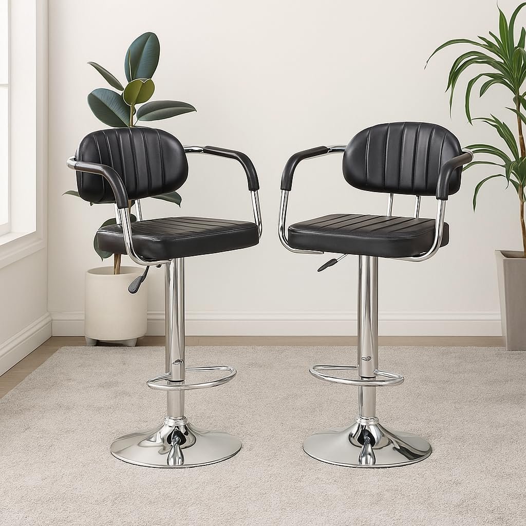 Nityam Height Adjustable Bar Stool Chair with Arms for Home Office Kitchen Counter Shop Bar Restaurant Cafe with Footrest, Black Leather, 360° Swivel, Soft & Comfort Seat (4)