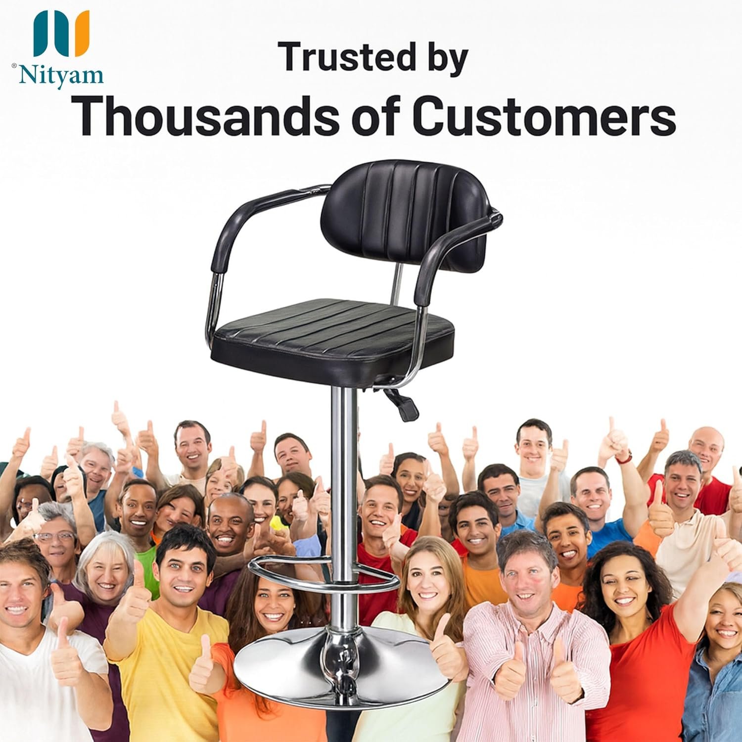 Nityam Height Adjustable Bar Stool Chair with Arms for Home Office Kitchen Counter Shop Bar Restaurant Cafe with Footrest, Black Leather, 360° Swivel, Soft & Comfort Seat (6)