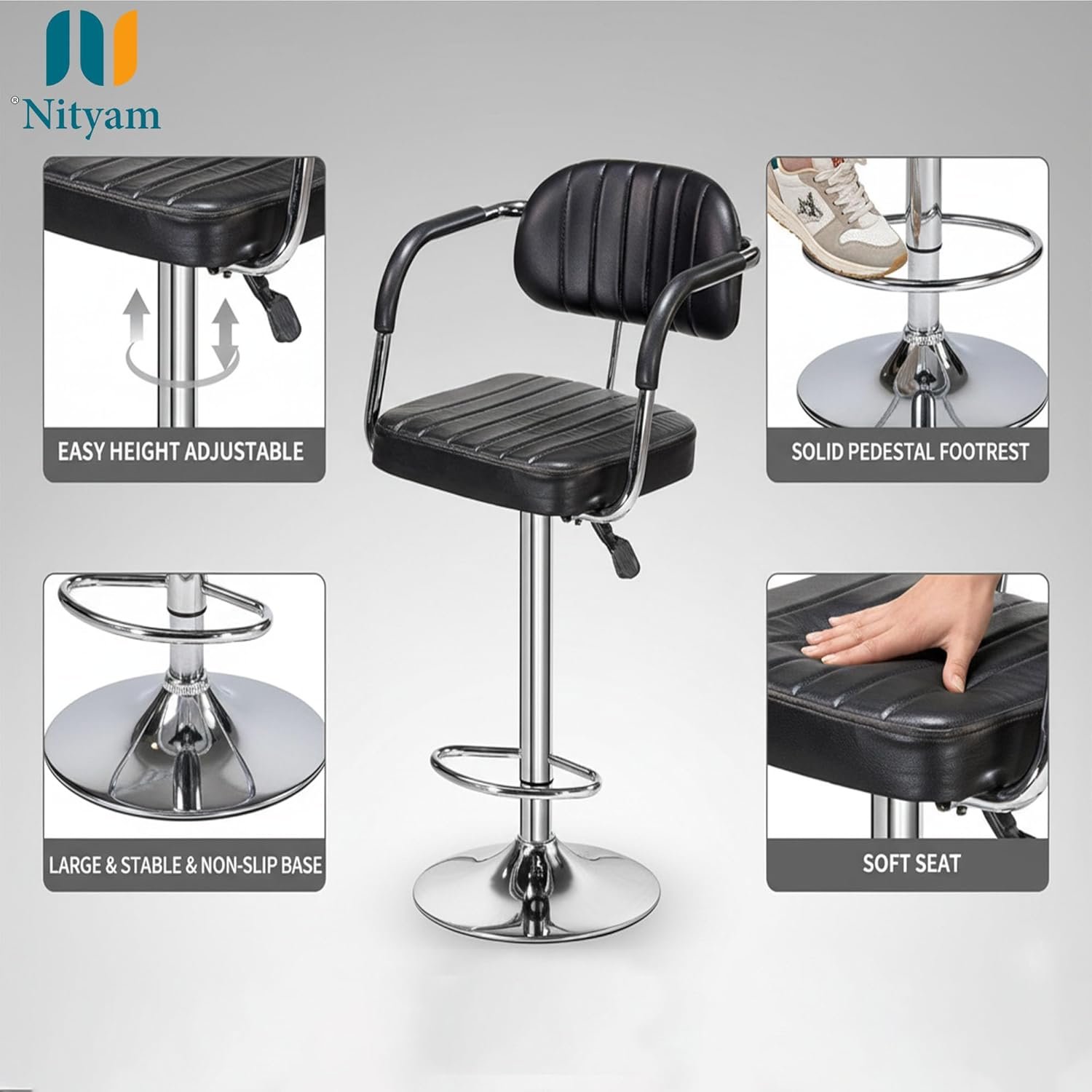 Nityam Height Adjustable Bar Stool Chair with Arms for Home Office Kitchen Counter Shop Bar Restaurant Cafe with Footrest, Black Leather, 360° Swivel, Soft & Comfort Seat (7)