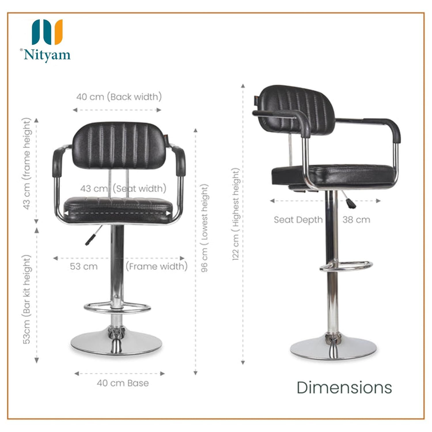 Nityam Height Adjustable Bar Stool Chair with Arms for Home Office Kitchen Counter Shop Bar Restaurant Cafe with Footrest, Black Leather, 360° Swivel, Soft & Comfort Seat (8)