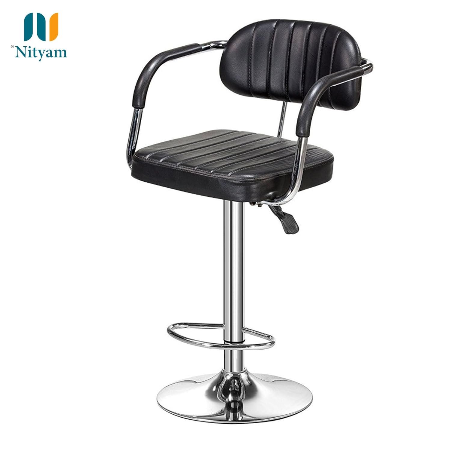 Nityam Height Adjustable Bar Stool Chair with Arms for Home Office Kitchen Counter Shop Bar Restaurant Cafe with Footrest, Black Leather, 360° Swivel, Soft & Comfort Seat (9)