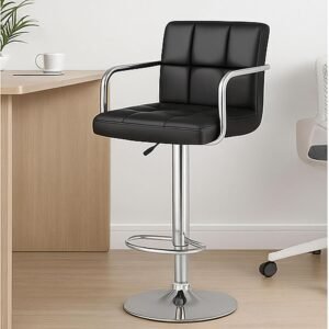 Nityam Modern Height Adjustable Revolving Bar Stool Chair with Arms, 360? Swivel, Black PU Leather, Chrome Base, for Home Office Restaurant Cafe Hotel Shop Counter (Color-Black)
