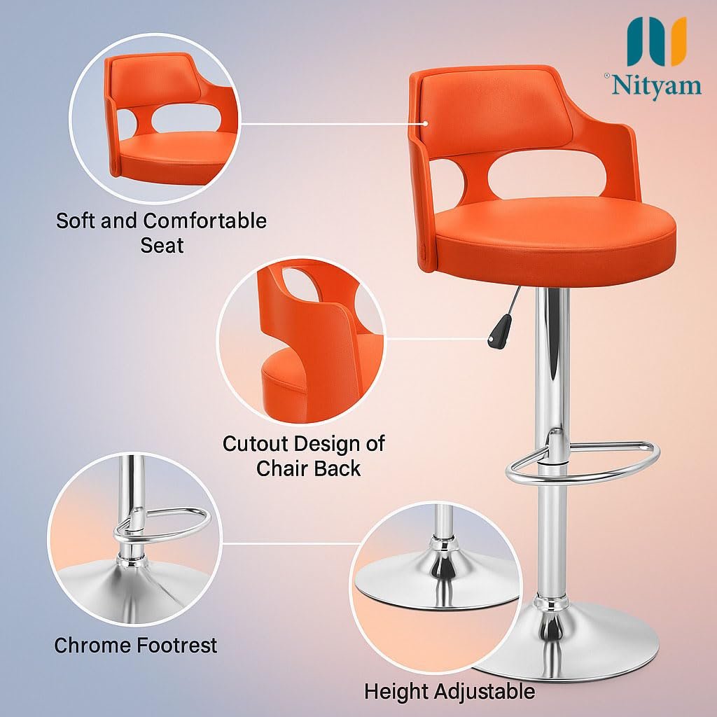 Nityam Modern Revolving Bar Stool Chair for Kitchen Home Office, Cafe Restaurnat Shop Counter, Soft Padded Seat, Chrome Base, Cutout Back Design, Height Adjustable (Color-Orange) (3)