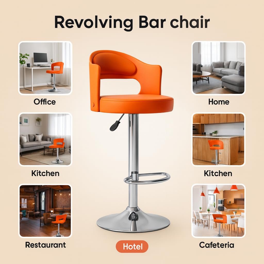 Nityam Modern Revolving Bar Stool Chair for Kitchen Home Office, Cafe Restaurnat Shop Counter, Soft Padded Seat, Chrome Base, Cutout Back Design, Height Adjustable (Color-Orange) (4)