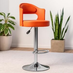 Nityam Modern Revolving Bar Stool Chair for Kitchen Home Office, Cafe Restaurnat Shop Counter, Soft Padded Seat, Chrome Base, Cutout Back Design, Height Adjustable (Color-Orange)