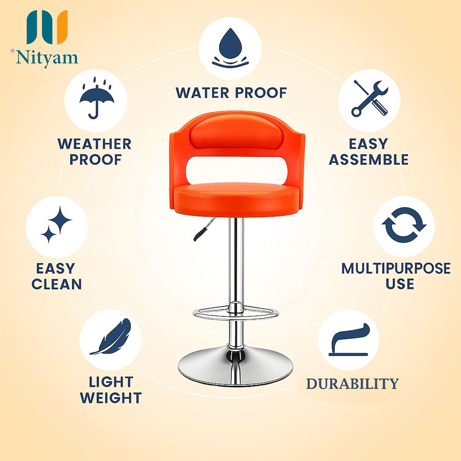 Nityam Modern Revolving Bar Stool Chair for Kitchen Home Office, Cafe Restaurnat Shop Counter, Soft Padded Seat, Chrome Base, Cutout Back Design, Height Adjustable (Color-Orange) (7)